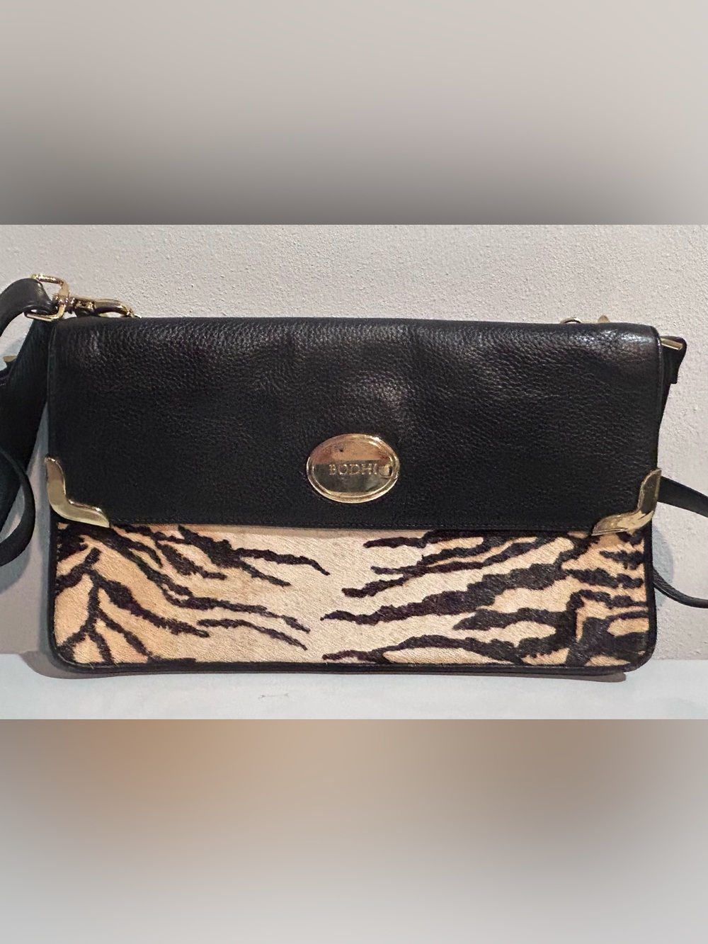 BODHI Rare Tiger Print Genuine Calf Hair Black Leather Crossbody Clutch Bag